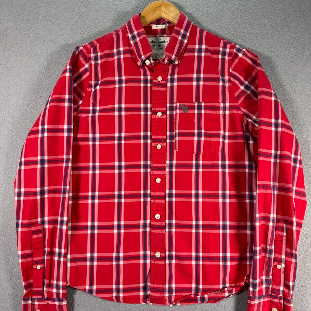 Abercrombie & Fitch Muscle Button Down Shirt Mens Large Red Plaid Comfort Fitted